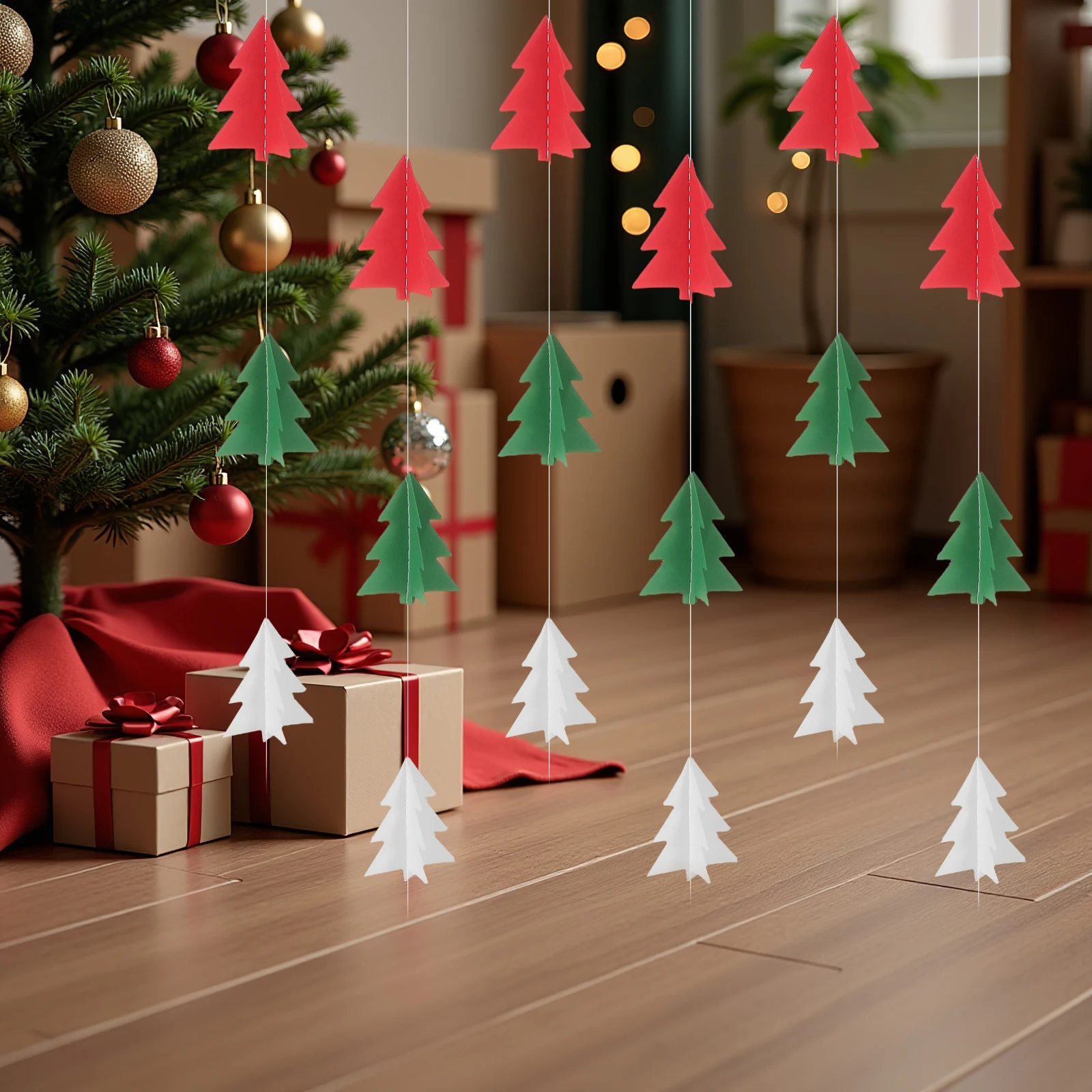 

5Pcs Christmas Tree Paper Garland 3D Red White Green Holiday Party Decorations Christmas Hanging Streamer Banner Garland
