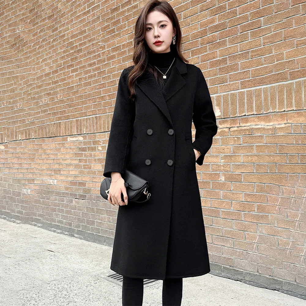 

Plus size women's autumn/Winter black casual loose cotton jacket suit collar double-breasted daily commuter overcoat 2024 new