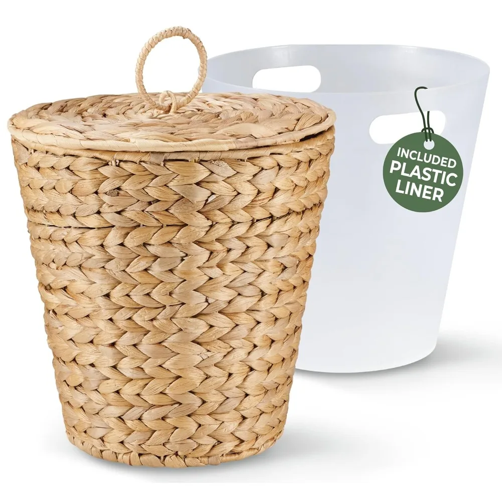 

3 Gallons Wicker Trash Can with Lid & Liner - Wicker Waste Basket for Bathroom, Bedroom, Kitchen, Living Room