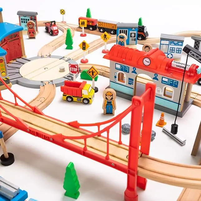 100pc Mountain Train Set - Wooden Magnetic Train with Roundhouse, 3+