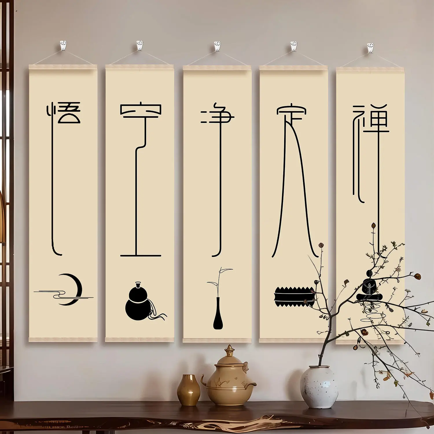 Wall Art Zen Chinese Calligraphy Four Panel Pearlescent Canvas Hanging Scroll Set with Wooden Rods for Tea Room and Study