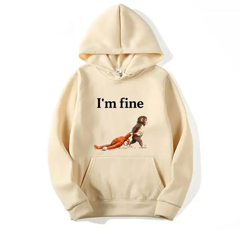 Sad Monkey Punch with An Orange Toy I'm Fine Funny Meme Graphic Hoodie Men Women Casual Oversized Pullover Male Vintage Hoodies