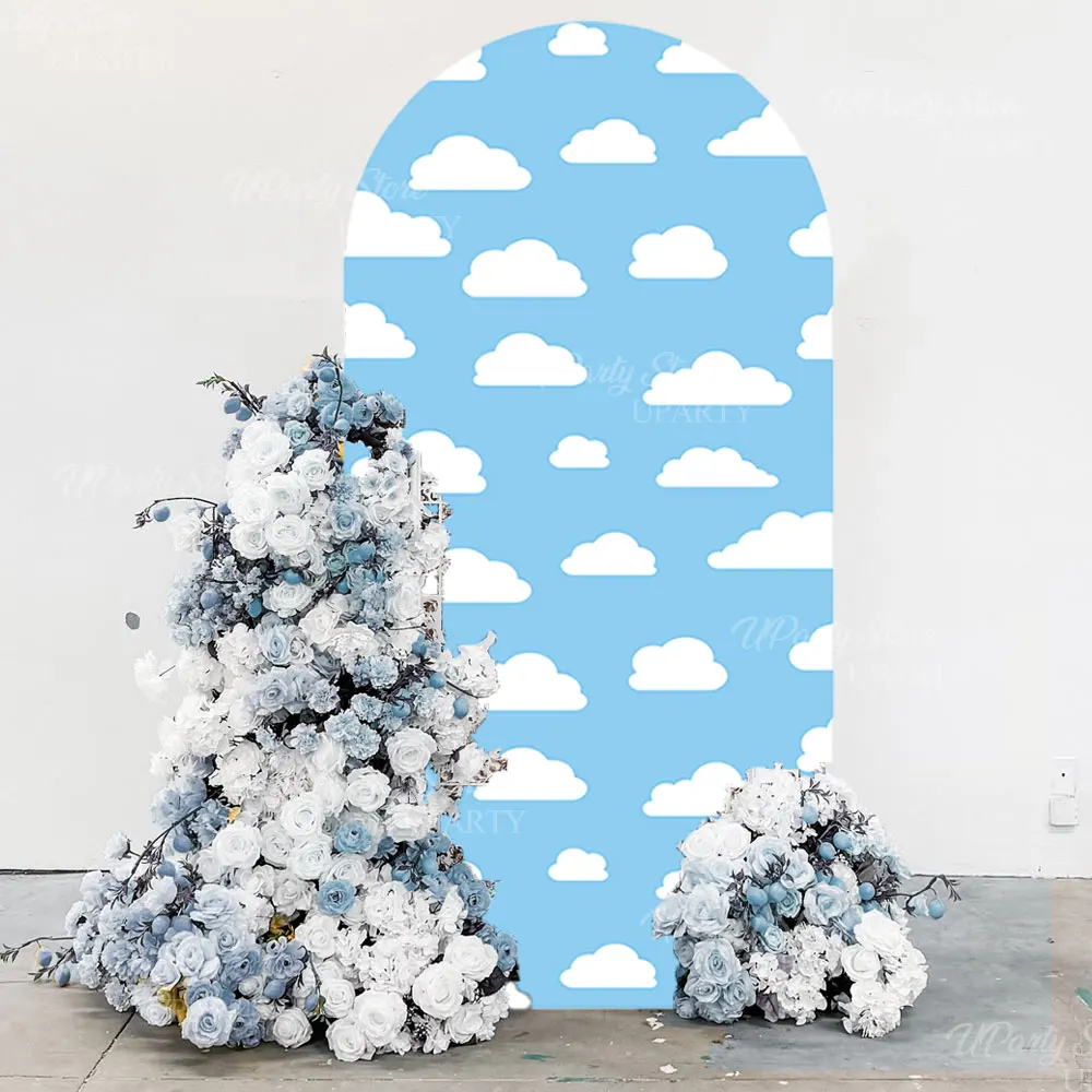 Weißer Wolkenbogen-Hintergrund, blauer Himmel, Wolke, bedruckt, Chiara-Oberteil, runder Standbogen-Abdeckung für Babyparty, Pilot, Geburtstagsdekoration – Detail 9