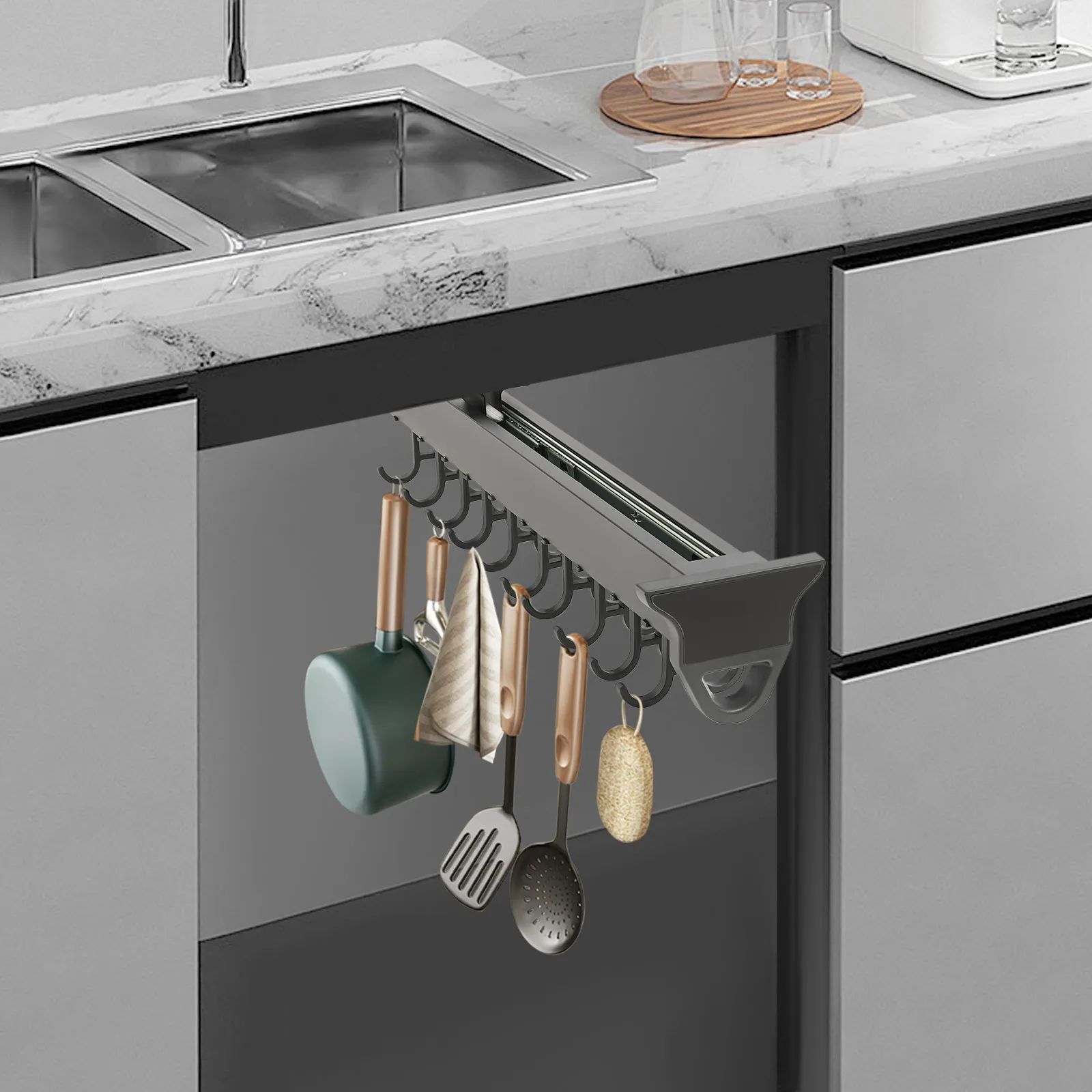 منظم مثبت على الحائط قابل للتمديد، حامل ممسحة مكنسة منزلق مع 20 خطافًا - رف تخزين لأدوات تنظيف مماسح المكانس #5