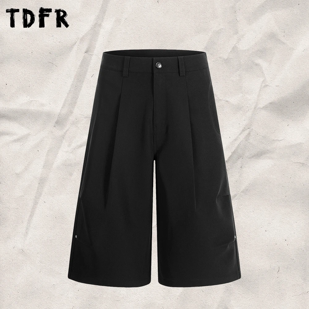 Pleated Shorts Mens with Rivets Retro Solid Color Casual Baggy Wide Leg Short Pants Man