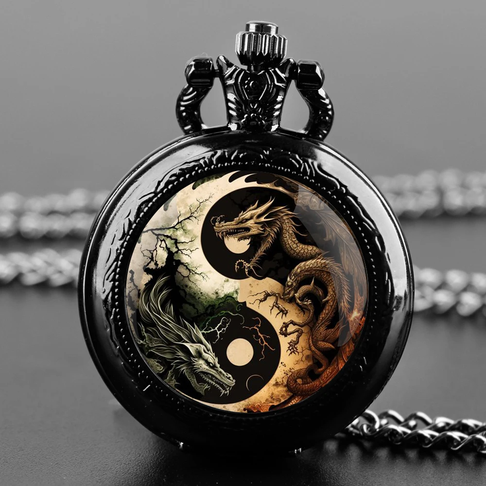 Vintage Pocket Watch Dragon Glass Dome Black Quartz Pocket Watch FOB Chain Clock Pendant necklace Watch for Men Women Gift