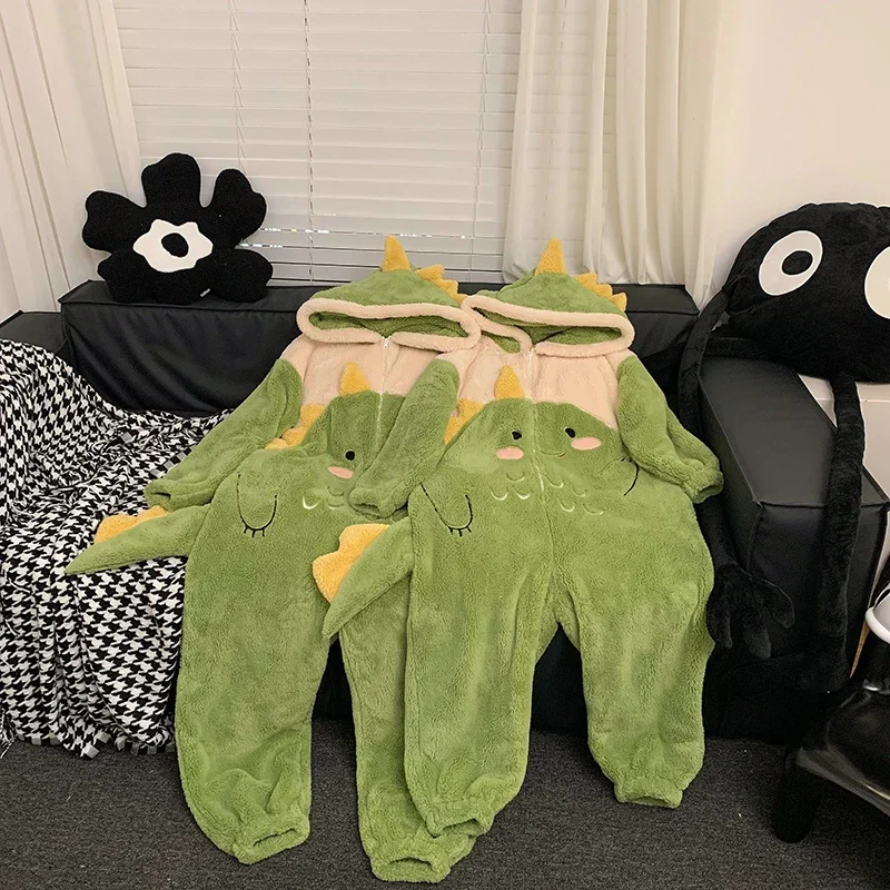 Kigurumis Dinosaur Women’s Pajamas Jumpsuits Men Sleepwear Women Couples Winter Thicken Hooded Cartoon Pyjamas Fleece Loose Soft