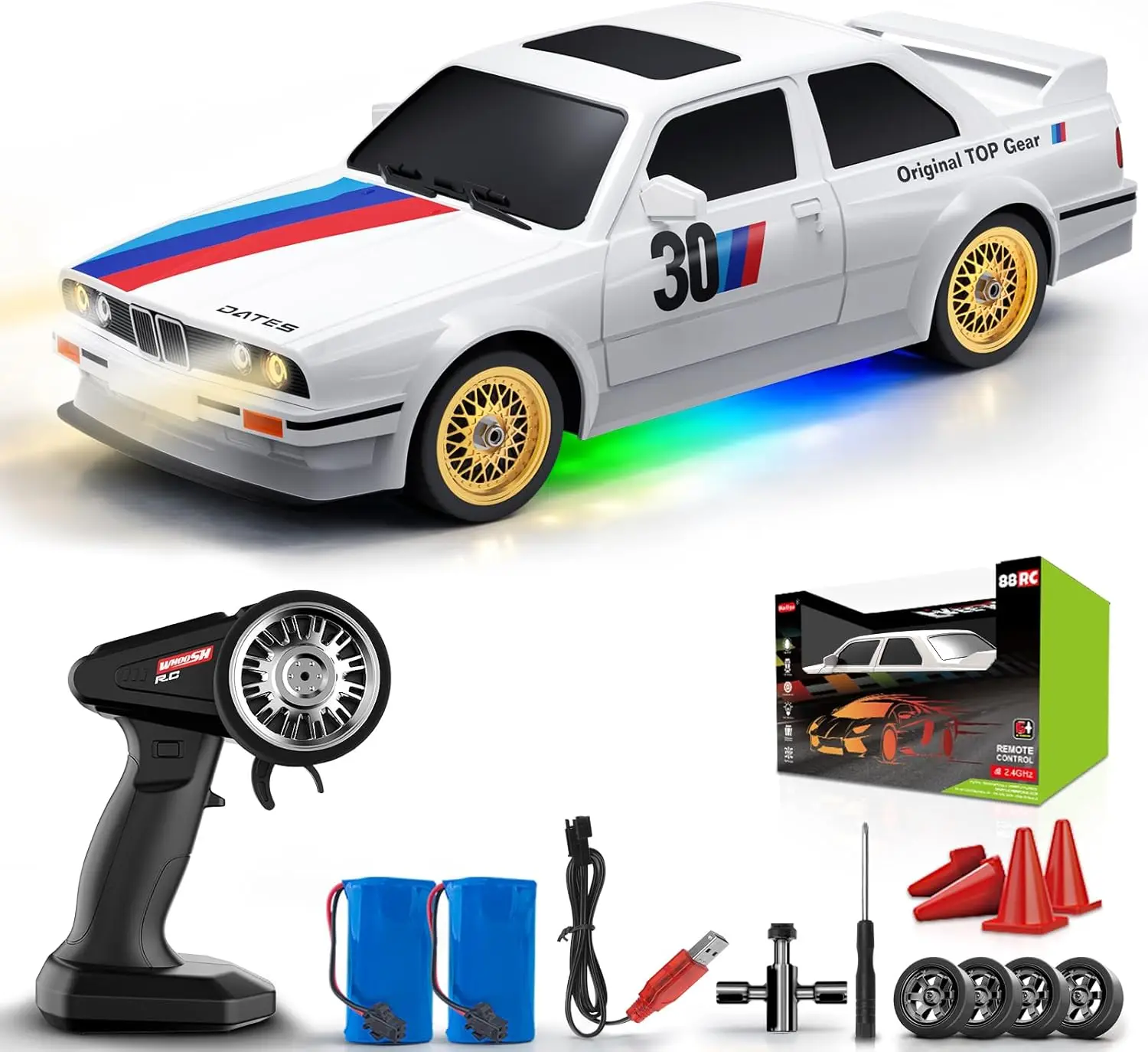 

1:16 Scale 4WD RC Drift Car with LED Lights, 30KM/H Speed, Rechargeable Batteries for Adults and Kids
