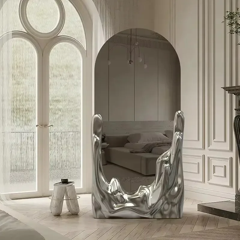 Modern high-definition high-end light luxury floor mirror, water ripple villa decoration, elegant dressing mirror-high quality