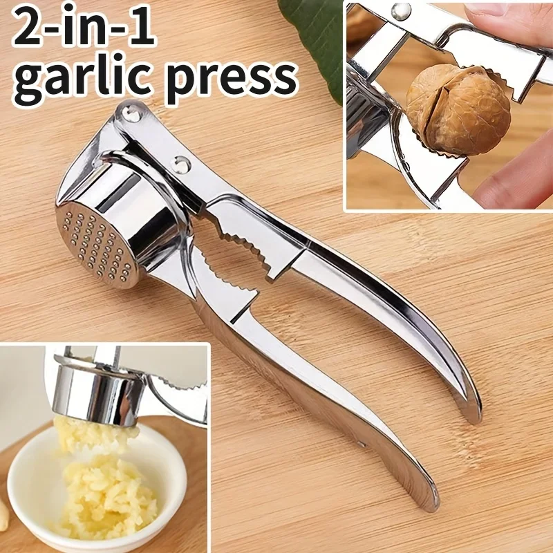 2-in-1 Garlic Press and Nutcracker, Durable Manual Garlic Crusher for Mincing Garlic and Cracking Nuts, Tool for Home Cooking