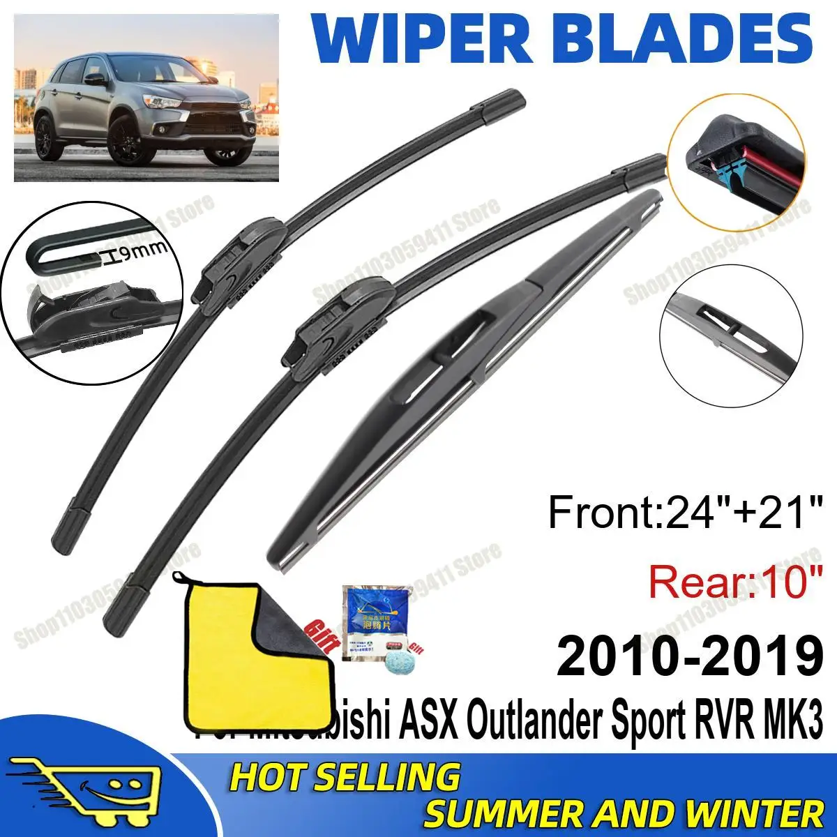 

3PCS For Mitsubishi ASX Outlander Sport RVR 2010-2019 24" + 21"+ 10" Front Rear Wiper Blades Set Windshield Windscreen Car