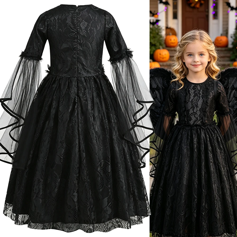 Girls Halloween Ghost Bride Cosplay Costume Kids Black Cosplay Dress Girls Evil Witch Dress Up Outfits Elegant Gown