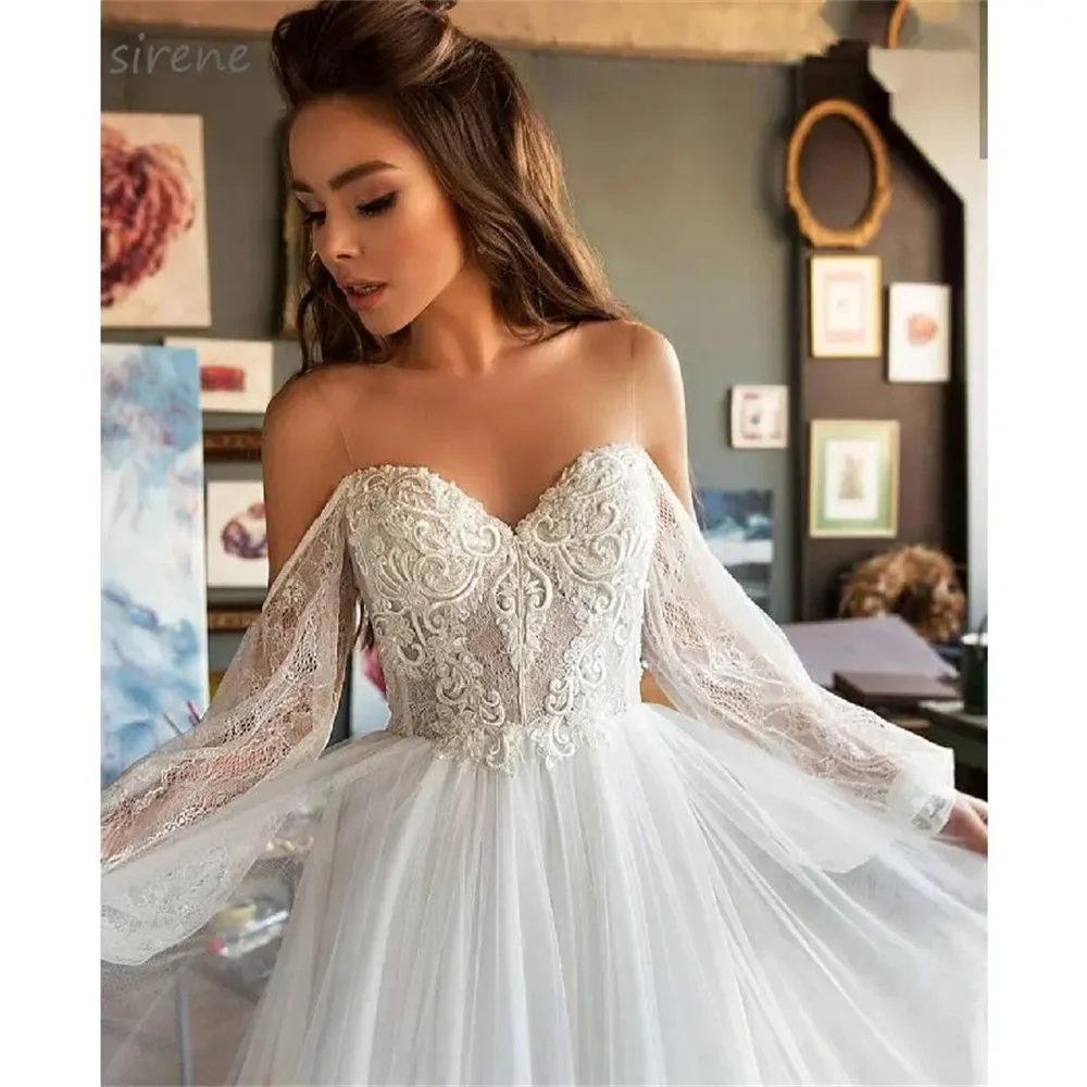 Sirene Boho Tulle Lace Appliques Illusion Sweetheart abito da sposa a-line manica lunga Sweep Train abiti da sposa Vestidos De Novia