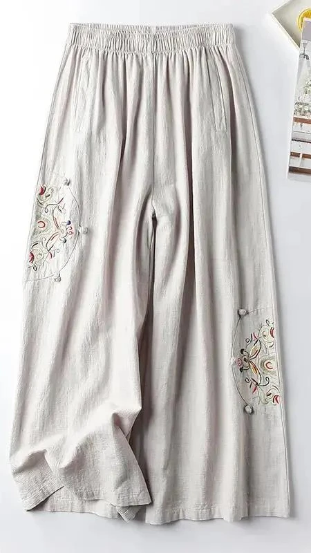 

Cotton Linen Casual Pants Women's Plus Size Summer Fashion Retro Embroidery Section Straight Wide Leg Nine-point LJ185