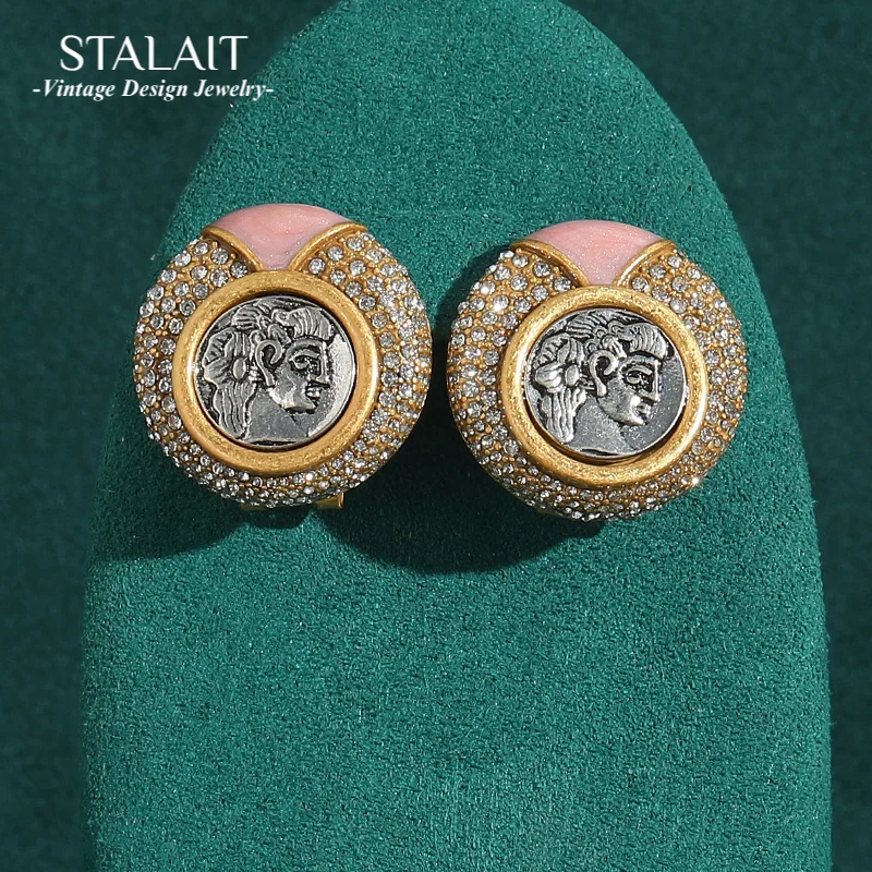 

Vintage Ancient Coin Stud Pink Earrings Beauty Head Rhinestones Antique Gold Color Jewelry Crystal Luxury Accessories Women Gift