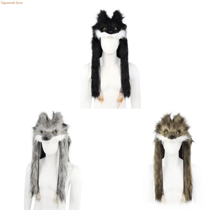 Furs Wolf Head Hat Werewolves Cosplay Headpiece Barbarians Headress for Adults,Plush Wolf Head with Upright Ears, Visible Teeth