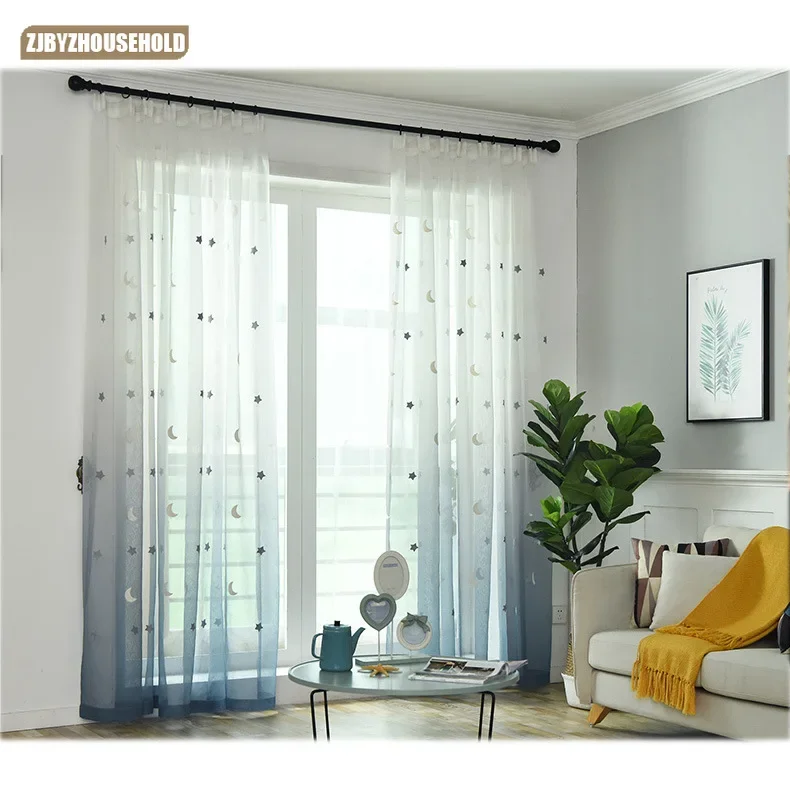 

Modern Ins Wind Star Moon Tulle Bedroom Living Room Curtain Romantic Embroidered Window Screen Children Starry Sky