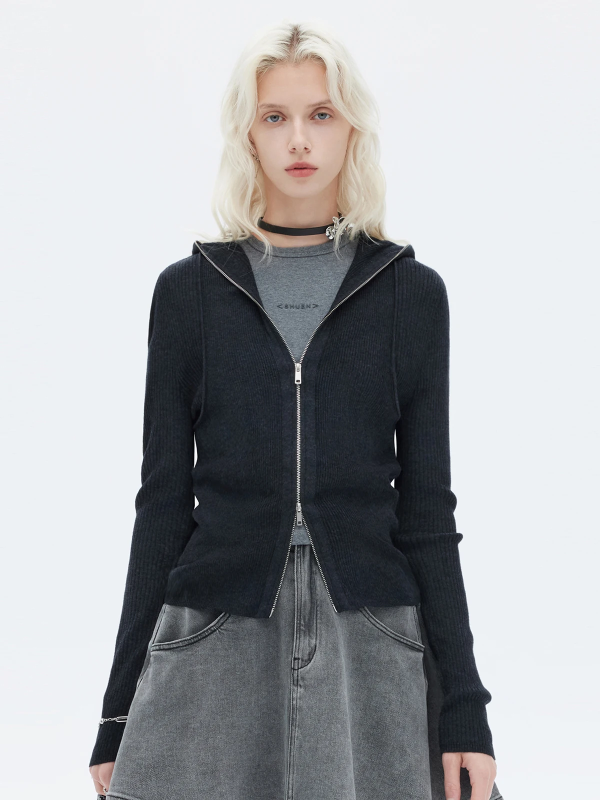 

Australian Wool Hooded Deep ey Double Zipper Knitwear Cardigan Long Sve Women's Spring Autumn Top Zipper tough Design