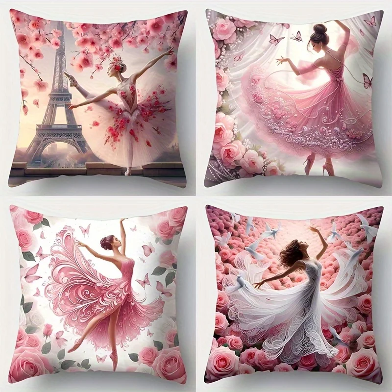 Home Decor Dancing Ballerinas with Roses and Butterflies Pattern Cushion Cover Suitable for Sofa Bedroom Car Pillow Cover