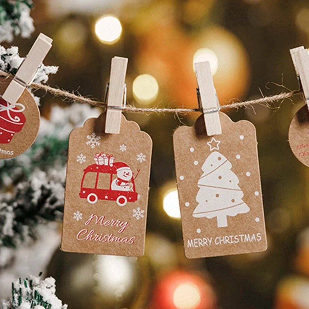 50Pcs Christmas Tags Labels Kraft Paper Merry Christmas Letter Santa Claus Gift Card Tag Xmas Tree Shape New Year Present Decor