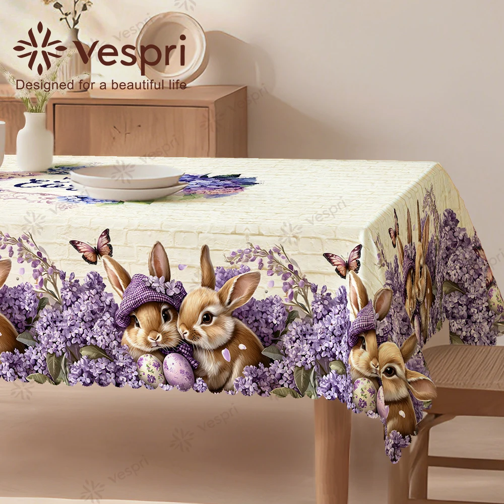 Vespri Oster-Tischdecke mit Lila Hasen, Blumen und Schmetterlingen für Restaurant, Party, Festival, Runde, Rechteckige und Ovale Tischdecken