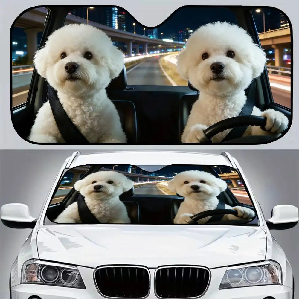 Cute Bichon Dog Print Car Windshield Sunshade Foldable Suction Cup Sun Visor For Urban Commute Seaside Vacation