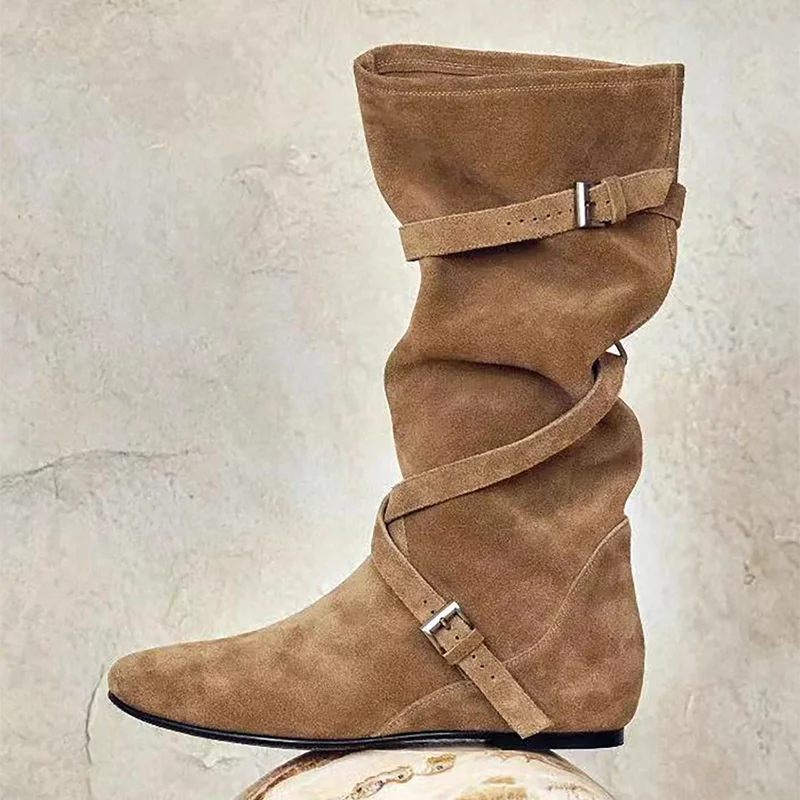 

Flats Women's Boots Designer Suede Mid Calf Shoes 2025 Winter Fashion Gothic Boots New Walking Trend Comfort Buckle Mujer Botas