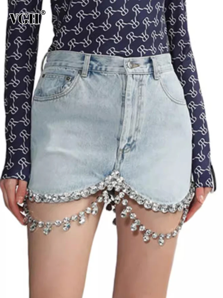 

VGH Patchwork Diamonds Denim Skirts For Women High Waist Patchwork Pockets Soild Slimming Mini Skirt Female Fashion Clothing New