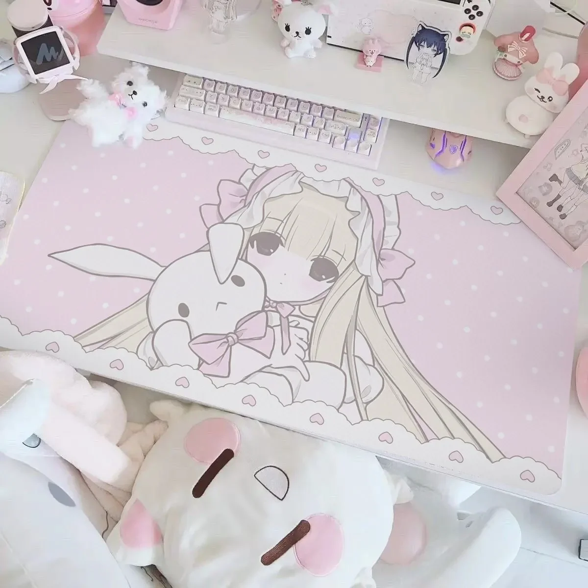 Angel Girl Wing Pink Rabbit Leather Desk Pad Mouse Protector Large Mouse Pad Home &Office Desk Mat PU Leather Laptop Desktop Pad