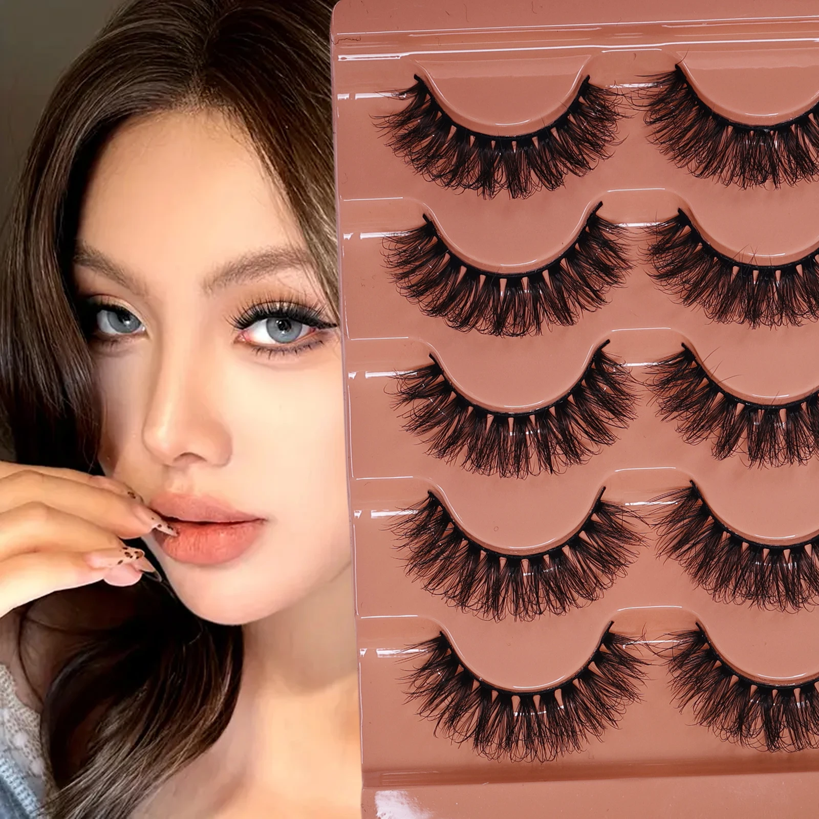 ふわふわつけまつげ5組、太くてふわふわまつげ、ドラマティックなアイメイクに最適