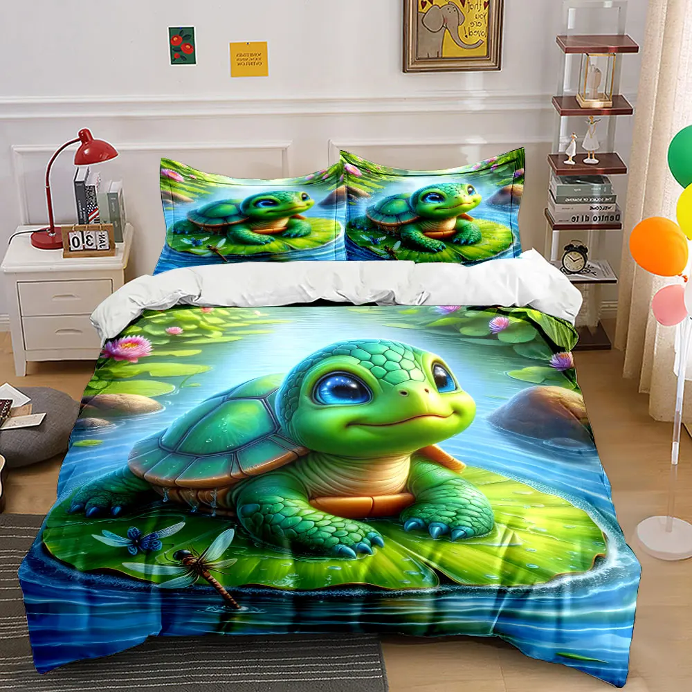 Ensemble de literie imprimé Tortue sur Nénuphar dans un Étang Tranquille, 1 Housse de Couette, 2 Taies d'Oreiller pour Adultes et Enfants, Cadeau de Luxe, Taille Complète