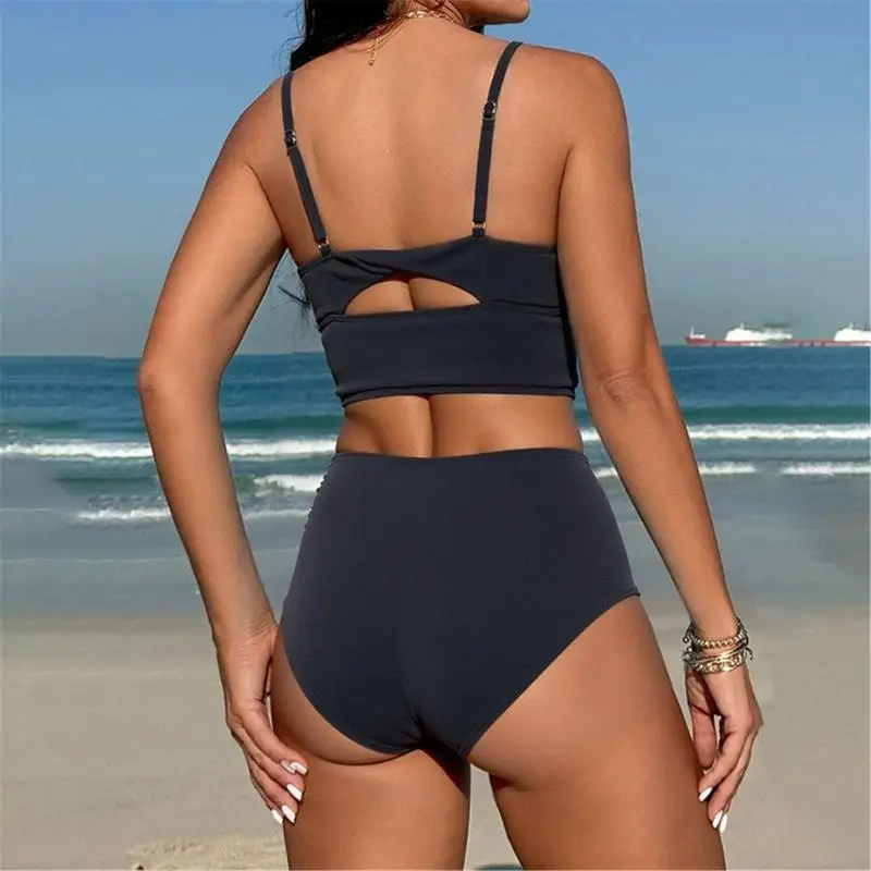 

Womens V-Neck Swimsuits Two Pcs Split Bathing Suit Female Solid Color Swimsuit High Waist Swimwear for Beachwear