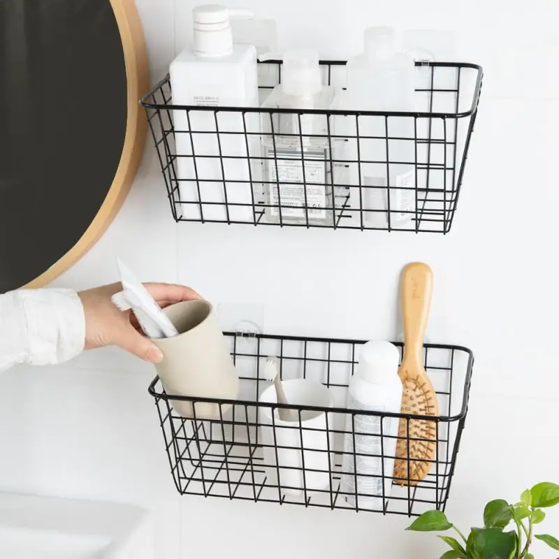 Wrought Iron Kitchen Seasoning Storage Baskets Cosmetic Storage Basket Bathroom Rectangular Storage Box Wall Hanging Rack Cocina