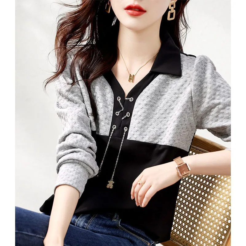 Autumn Fashion Trend Design Sense Splicing Contrasting Color Tie Up Long Sleeved Shirt Loose and Versatile Western-style Top