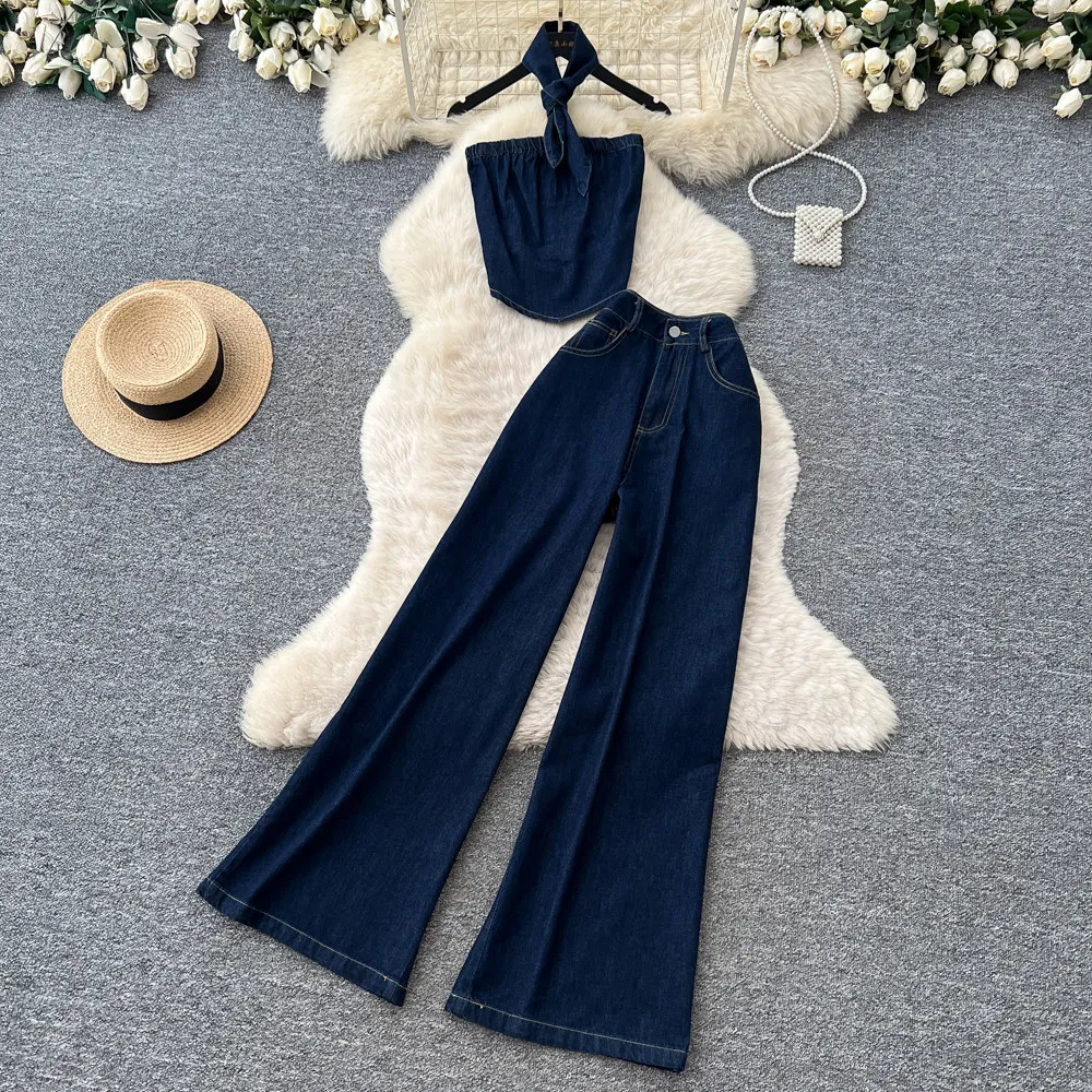 Woman Casual Youthful Commuter Denim Two Piece Set Waist Tie Cami Top High Waist Wide Leg Pants Slim Summer Women Outfit