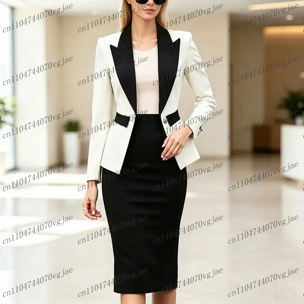 Traje Formal Blanco y Negro para Mujer, Blazer y Falda, Traje de Negocios para Dama, Tuxedo para Madre, Fiesta de Boda, Conjunto de 2 Piezas, Chaqueta y Falda