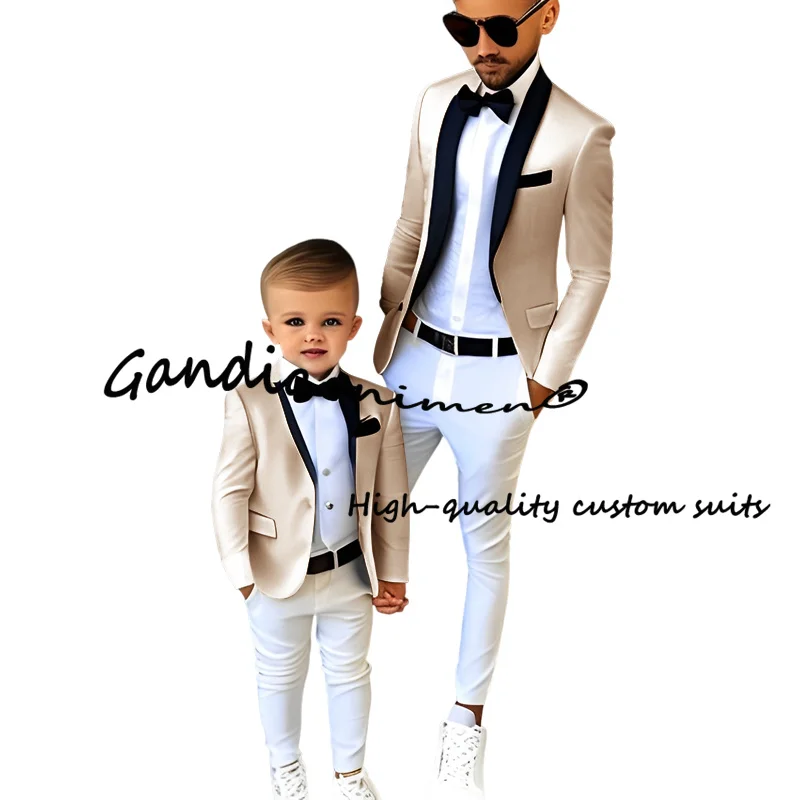 Boys Suits 2 Pcs Black Collar Jacket White Pants Wedding Tuxedo Fashion Kids Clothes Slim Fit Custom Blazer