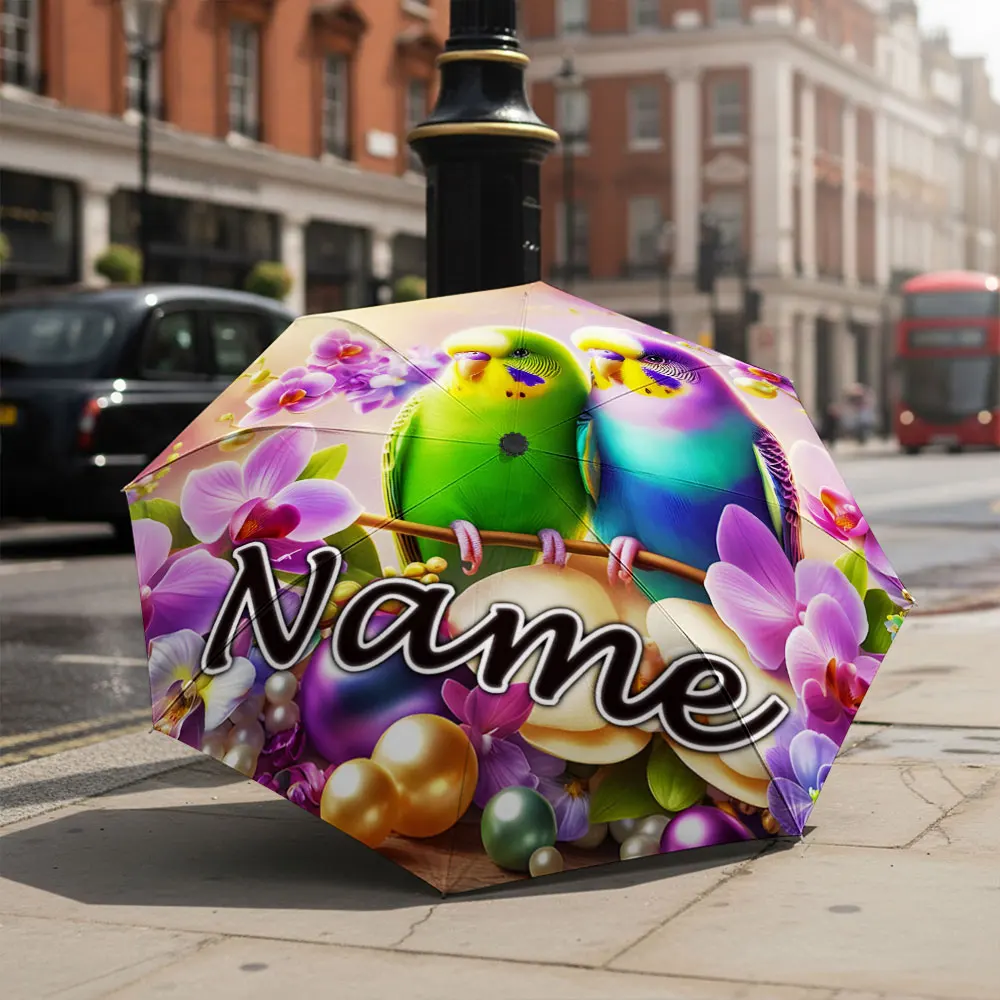 Custom Name Umbrella Budgie Parrot Orchid Flower Pearl Print Folding Umbrella Compact Portable Travel Parasol For Bird Fans