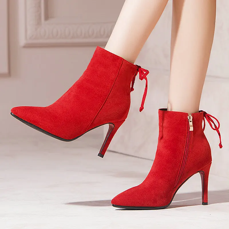 

Faux Suede Leather Pointed Toe Mature Women Stiletto Pumps Winter Party Shoes Thin High Heels Short Botines Ankle Heeled Boots