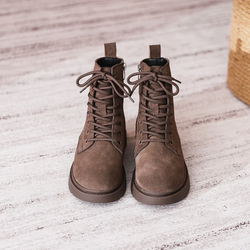Womens Brown Suede Combat Boots Lace Up Round Toe Ankle Booties With Low Chunky Heel Comfortable Non Slip For Fall Winter Daily view 4