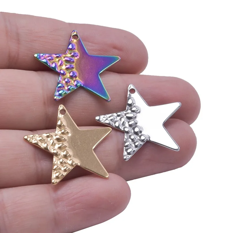 5Pcs 316L Stainless Steel 26X25mm Five-pointed Star Rainbow Silver Gold Color Pendant for Men Women