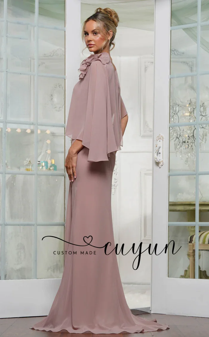 CUYUN Customized Mother of the Bride Dresses Shawl Collar with Flowers Semi-Mermaid Evening Gown Wedding Guest Dresses