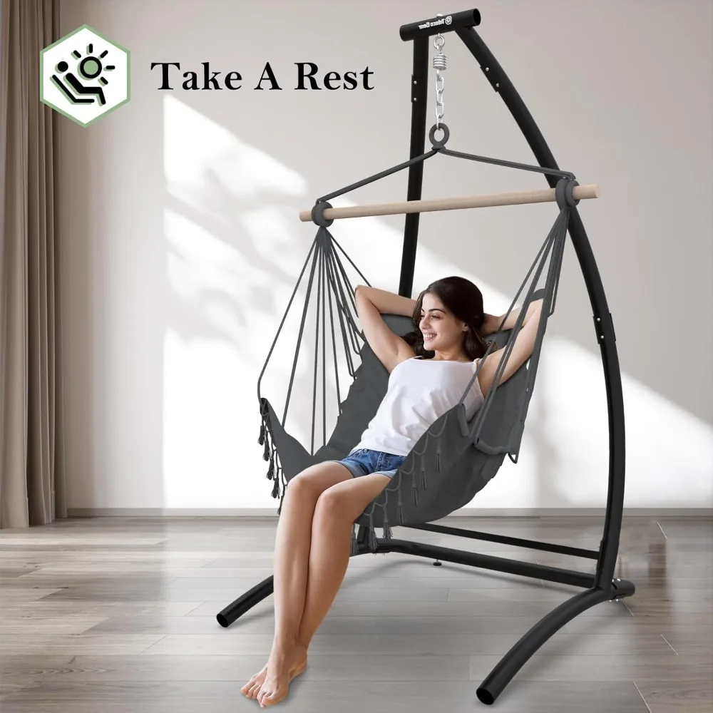 C Type Hammock Chair with Stand, Swing Chair with Neck Pillow, Hammock Stand for Balcony, Patio and Deck, Maximum Weight 300 lbs