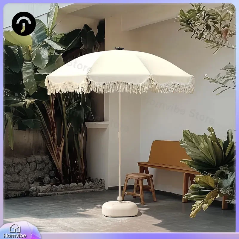 Large Outdoor Patio Umbrella with Tassels Beach Garden Courtyard Sunshade Parasol Heavy Duty Market Stall Advertising Canopy