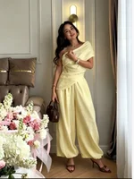 Solid One Shoulder Top Lantern Pants Set Women Chic Cotton Linen T-shirt Wide-leg Pants Suit Elegant Lady Summer Daily Outfits 3