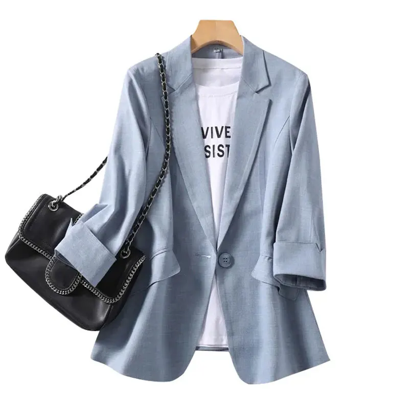 Three Quarter Sleeve Solid Casual Turn-Down Collar Single Button Women\'s Jacket Suit Blazer Short Jackets Coat Women Clothing