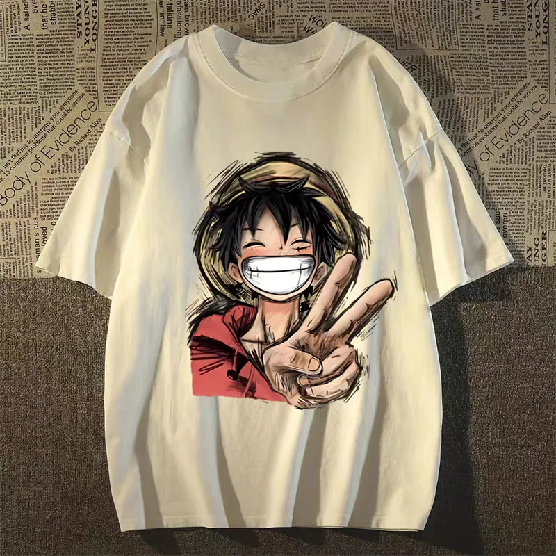 

Футболка с принтом Луффи в стиле ретро, летняя коллекция 2026, хлопковая, дышащая, для взрослых и детей, повседневная, с коротким рукавом, для фанатов аниме