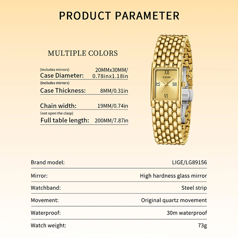 ساعات LIGE الفاخرة المربعة للسيدات مقاومة للماء من الفولاذ المقاوم للصدأ كوارتز ساعات يد عصرية كلاسيكية هدية الأعمال للنساء