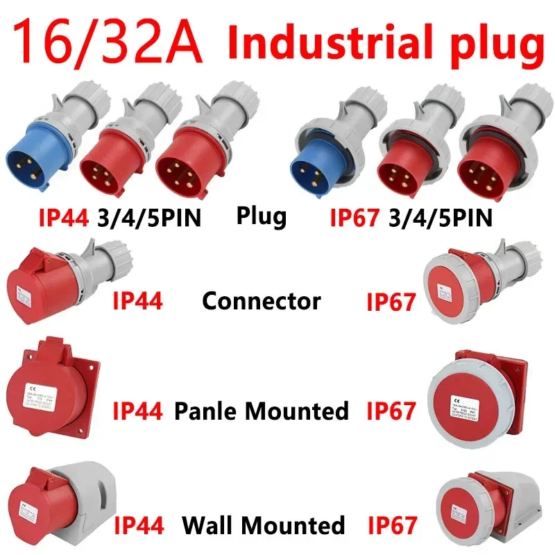 1/5/20/50 PCS 16/32A Industrial Plug and Socket 3P/4P/5Pin Electrical Connector IP67 Wall Mounted Socket Male&Female Plug