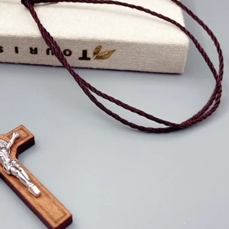 Simple Religious Belief Prayer Baptism Christian Jesus Wood Metal Cross Wax Rope Necklace Men Women Accessories Jewelry Gift